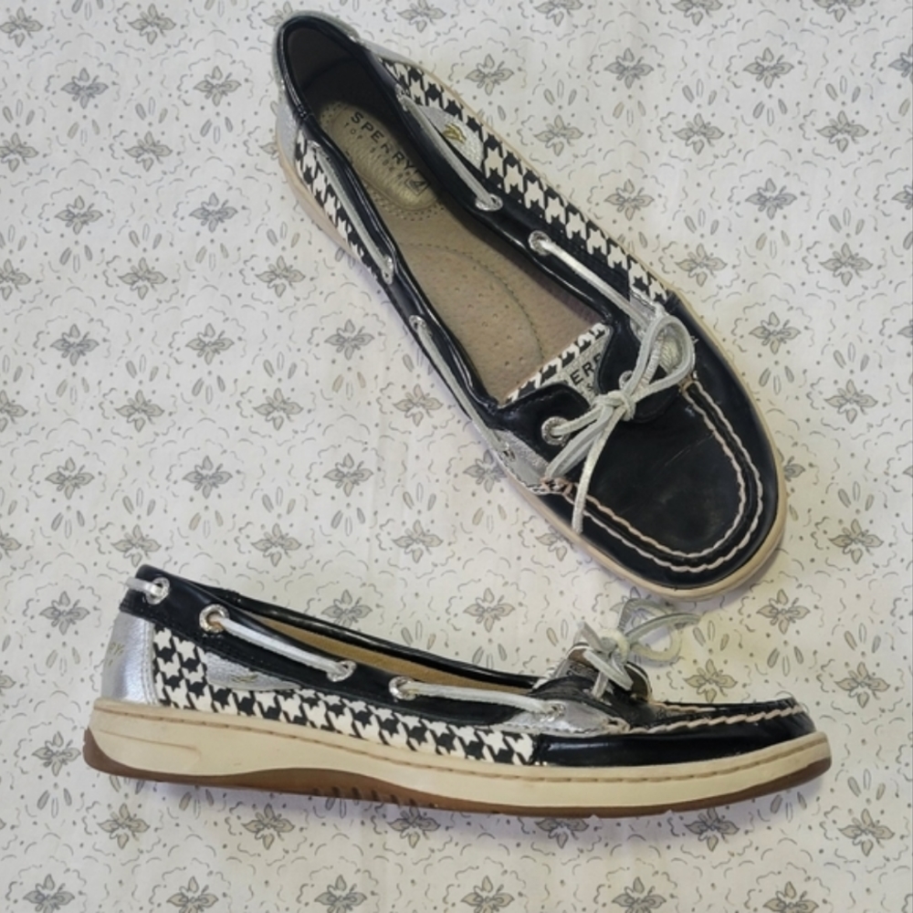 Sperry Houndstooth Metallic Silver Boat Shoes